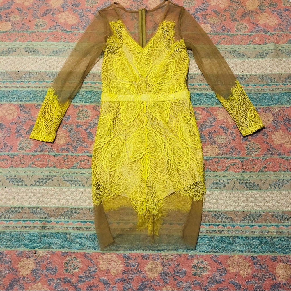 Akira yellow lace and mesh midi dress.